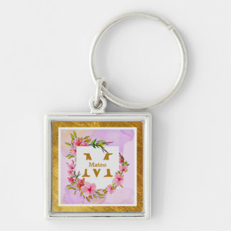 Watercolor Flower Gold Frame | Custom Name Sleutelhanger