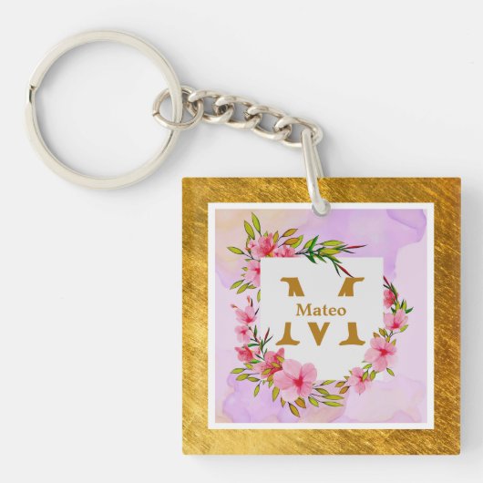 Watercolor Flower Gold Frame | Custom Name Sleutelhanger (Voorkant)