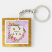 Watercolor Flower Gold Frame | Custom Name Sleutelhanger (Achterkant)