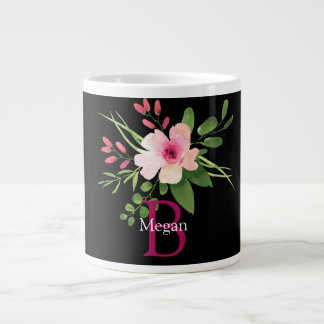 Watercolor Flower, Name & Monogram on Black Extra Grote Beker