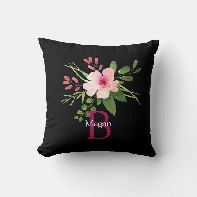 Watercolor Flower, Name & Monogram on Black Kussen (Voorkant)