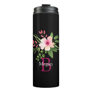 Watercolor Flower, Name & Monogram on Black Thermosbeker