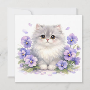 Watercolor Fluffy Kitten met Paarse Drievlakbloeme Kaart