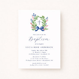 Watercolor Foliage Wreath Blue Bow Baptism  Kaart