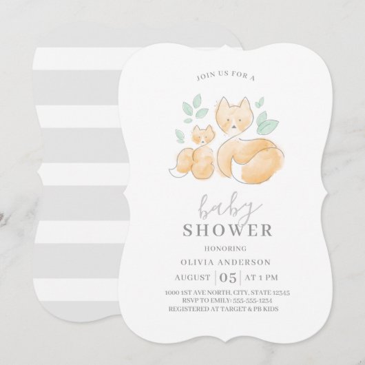 Watercolor Fox Family Baby shower Invitation (Devant / Derrière)