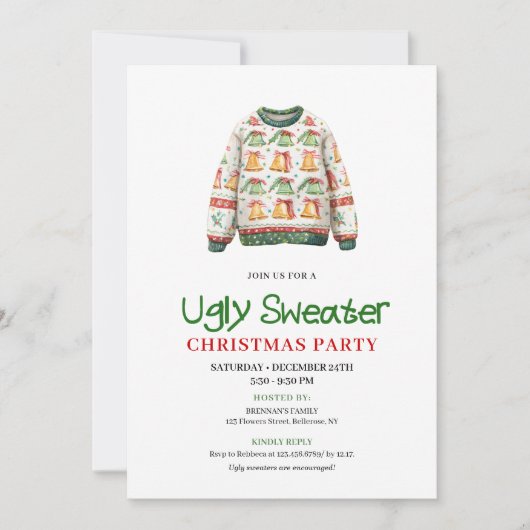 Watercolor funny ugly sweater party invite kaart (Voorkant)