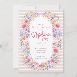 Watercolor Garden Flower Frame Striped Invitation
