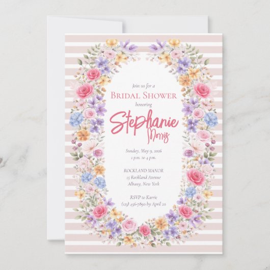 Watercolor Garden Flower Frame Striped Invitation (Devant)