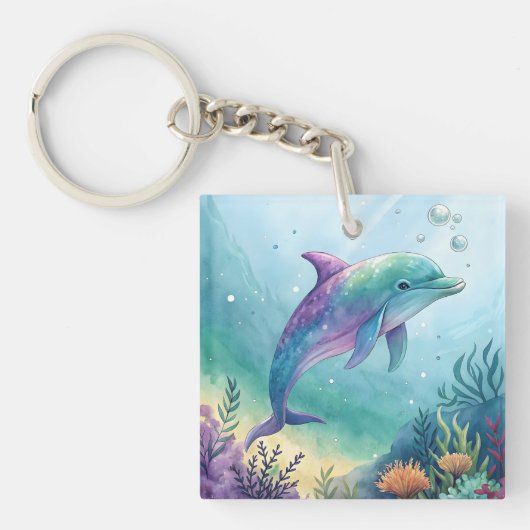 Watercolor geschilderde dolfijn sleutelhanger (voorkant)