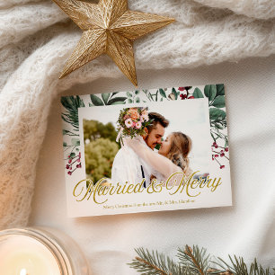 Watercolor Getrouwd en Prettig Kerstmis Foto Briefkaart