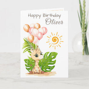 Watercolor Giraffe Kinderverjaardagskaart met Naam Kaart