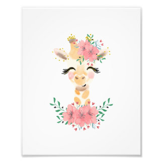 Watercolor Giraffe met Bloemen Foto Print Afdruk