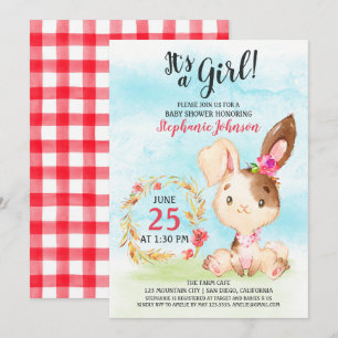 Watercolor Girl Bunny Baby shower ferme Invitation