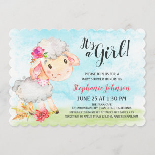 Watercolor Girl Sheep Baby shower ferme Invitation