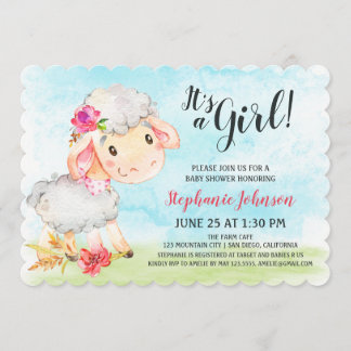 Watercolor Girl Sheep Baby shower ferme Invitation