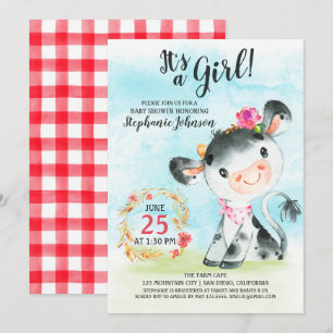 Watercolor Girl Vache Baby shower ferme Invitation