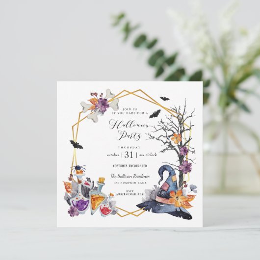 Watercolor Gold Frame Halloween Party Invitation (Debout devant)