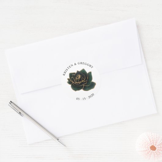 Watercolor Goud en Groene Rozen Monogram Sticker (Envelop)