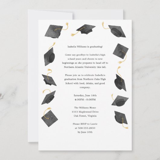 Watercolor Graduation Caps Grad Party Invitation (Devant)