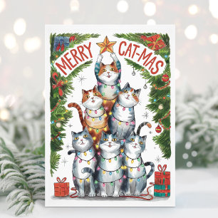 Watercolor Grappige Vrolijke KattenKerstmis Kerstk Feestdagenkaart