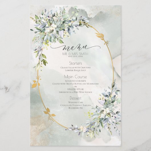 Watercolor Green Floral Gold Frame Mariage Menu (Devant)
