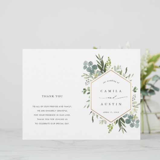 Watercolor Green Gold Hexagon Wedding Programme (Debout devant)