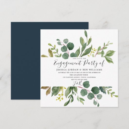 Watercolor Green Leaf Engagement Party Invitation (Devant / Derrière)
