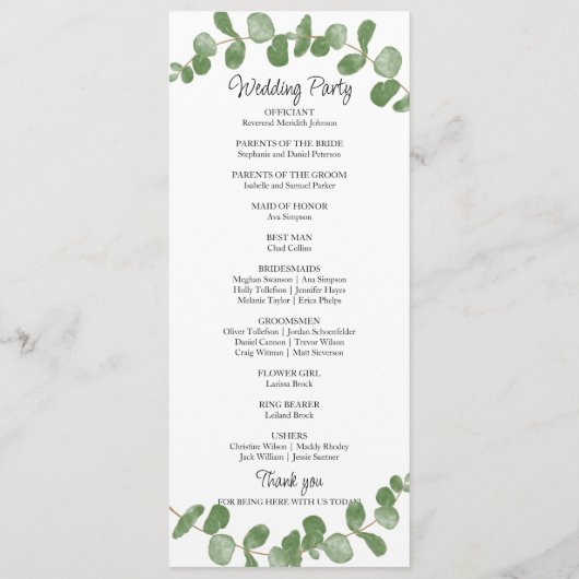 Watercolor Green Programme de mariage Eucalyptus (Dos)