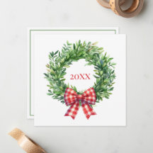 Watercolor Green Wreath With Red Gingham Bow