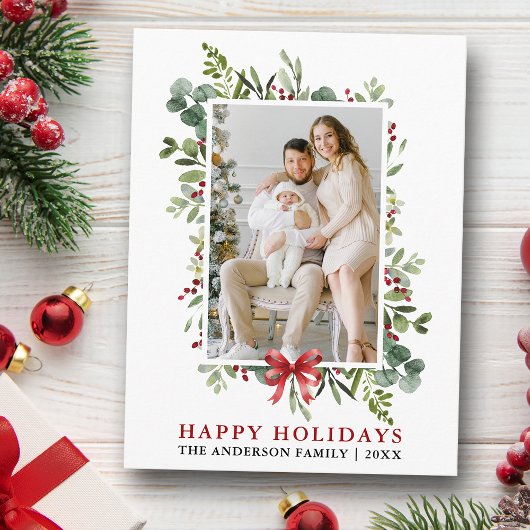 Watercolor Greenery Happy Holidays Red Bow Briefkaart