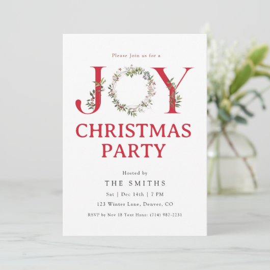 Watercolor Greenery JOY Christmas Party Invitation Kaart (Staand voorkant)