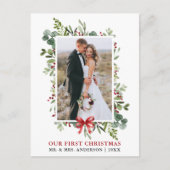 Watercolor Greenery Red Bow First Christmas Briefkaart (Voorkant)