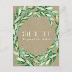Watercolor groene bladeren roestkleurig kraft save aankondigingskaart