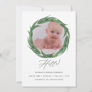 Watercolor Groene Geboorteaankondiging Fotokaart Aankondiging