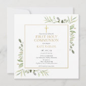 Watercolor Groenery Eerste Heilige Communie Vierka Kaart (Voorkant)