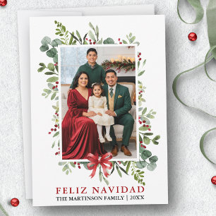 Watercolor Groenery Gelukkig Kerstmis Rood Lint Feestdagenkaart