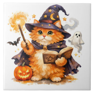Watercolor Halloween tovenaar kat met spook Tegeltje