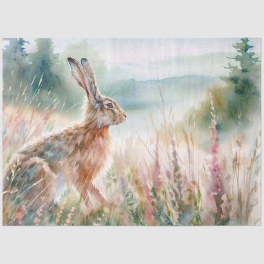 Watercolor Hare in Meadow Tissue Paper Tissuepapier (Voorkant)