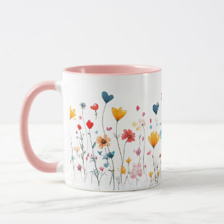 Watercolor Heart WildFlowers Valentines Mug Mok