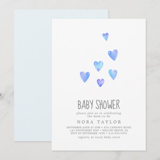 Watercolor Hearts Boy Baby shower Invitation (Devant / Derrière)