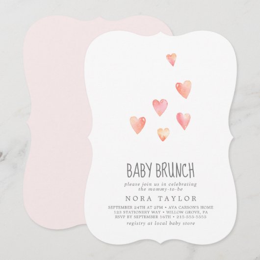 Watercolor Hearts Girl Baby Brunch Invitation (Devant / Derrière)