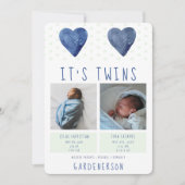 Watercolor Hearts Twins Boys Faire-part (Devant)