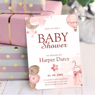 Watercolor Heet Lucht Ballon Roze Meisje Baby Show Kaart