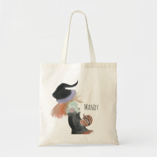 Watercolor Heks met Pompoen Naam Snoep Tote Bag