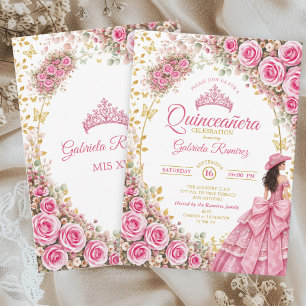 Watercolor helder roze rozen gouden Quinceañera Kaart