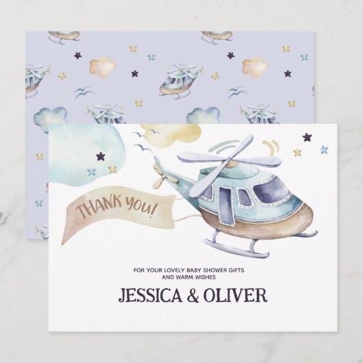 Watercolor Helikopter Feest in Blauw Dankkaart Kaart (Voorkant / Achterkant)