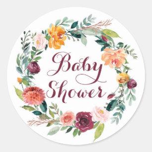 Watercolor herfst bloemenkrans baby shower ronde sticker