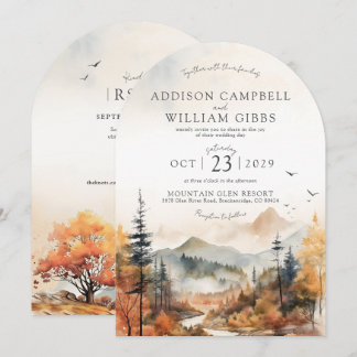 Watercolor Herfst Boom Berg Scène Boog Bruiloft Kaart
