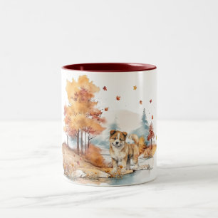 Watercolor Herfst Hond Ontwerp- Akita Tweekleurige Koffiemok