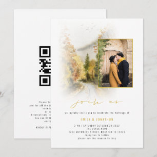 Watercolor Herfstbomen Foto QR Doe mee Trouwen Kaart